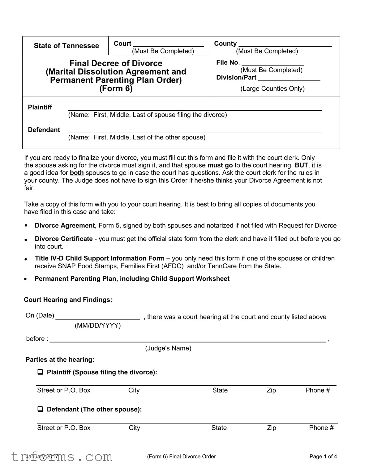 Fill Out a Valid Final Divorce Order Tennessee Form