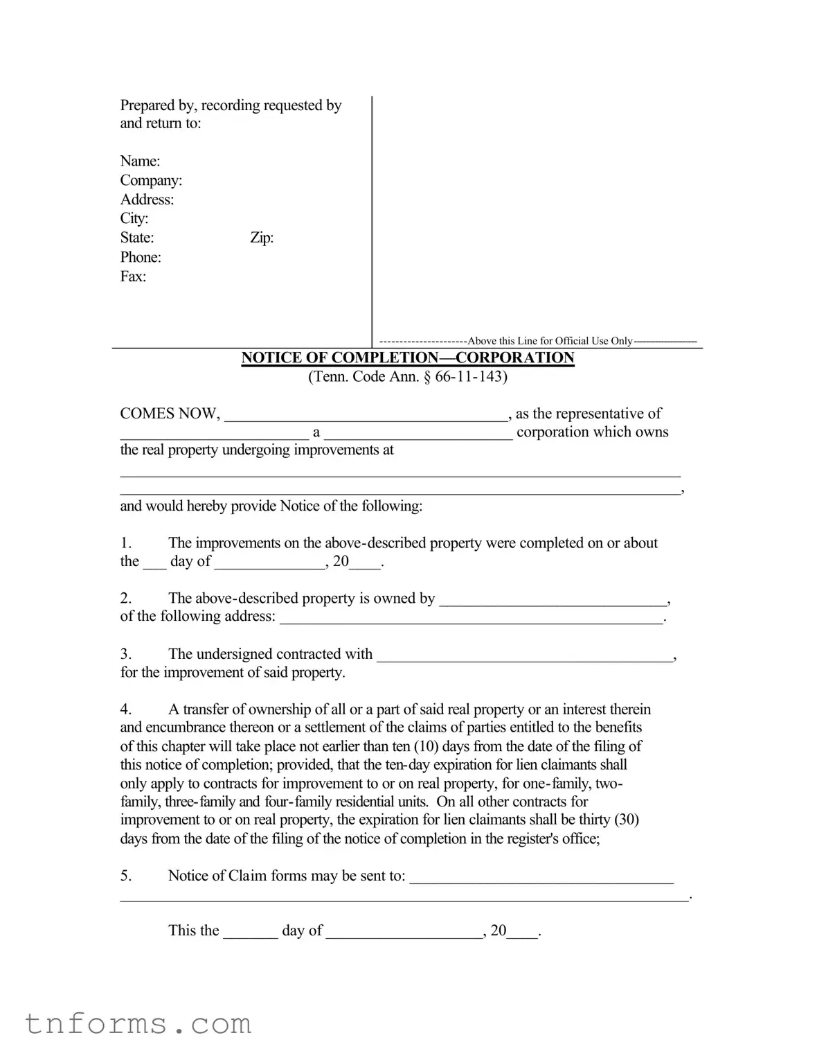 Fill Out a Valid Notice Completion Tennessee Form
