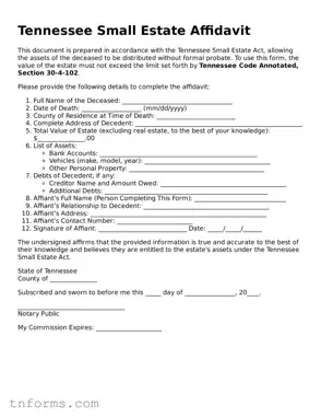 Small Estate Affidavit Template for Tennessee State