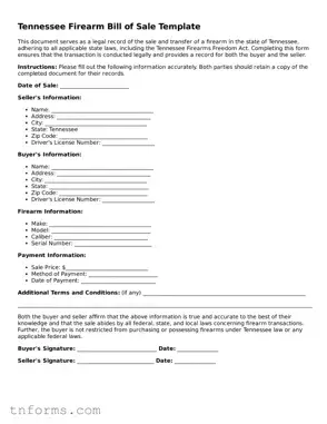 Firearm Bill of Sale Template for Tennessee State