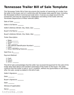 Trailer Bill of Sale Template for Tennessee State