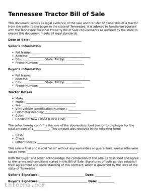 Tractor Bill of Sale Template for Tennessee State