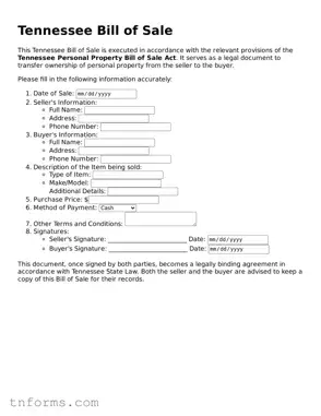 Bill of Sale Template for Tennessee State