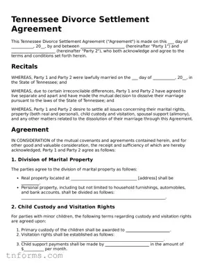 Divorce Settlement Agreement Template for Tennessee State