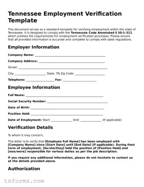 Employment Verification Template for Tennessee State