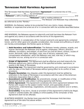 Hold Harmless Agreement Template for Tennessee State