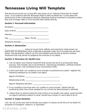 Living Will Template for Tennessee State