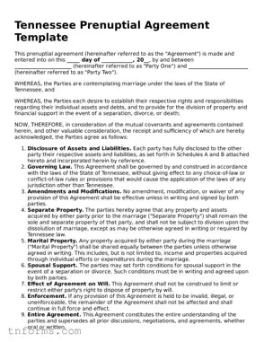 Prenuptial Agreement Template for Tennessee State