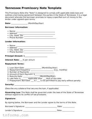 Promissory Note Template for Tennessee State