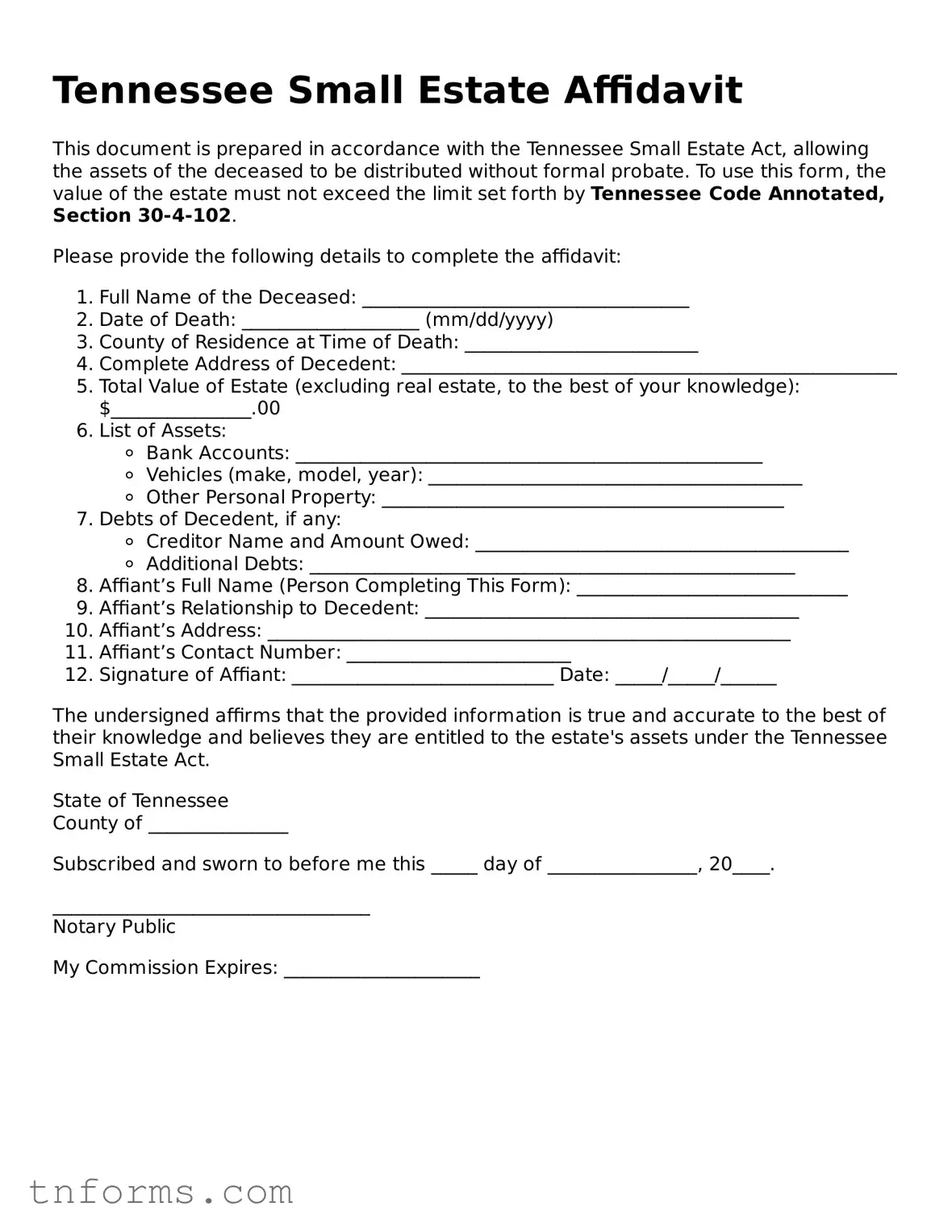 Small Estate Affidavit Template for Tennessee State