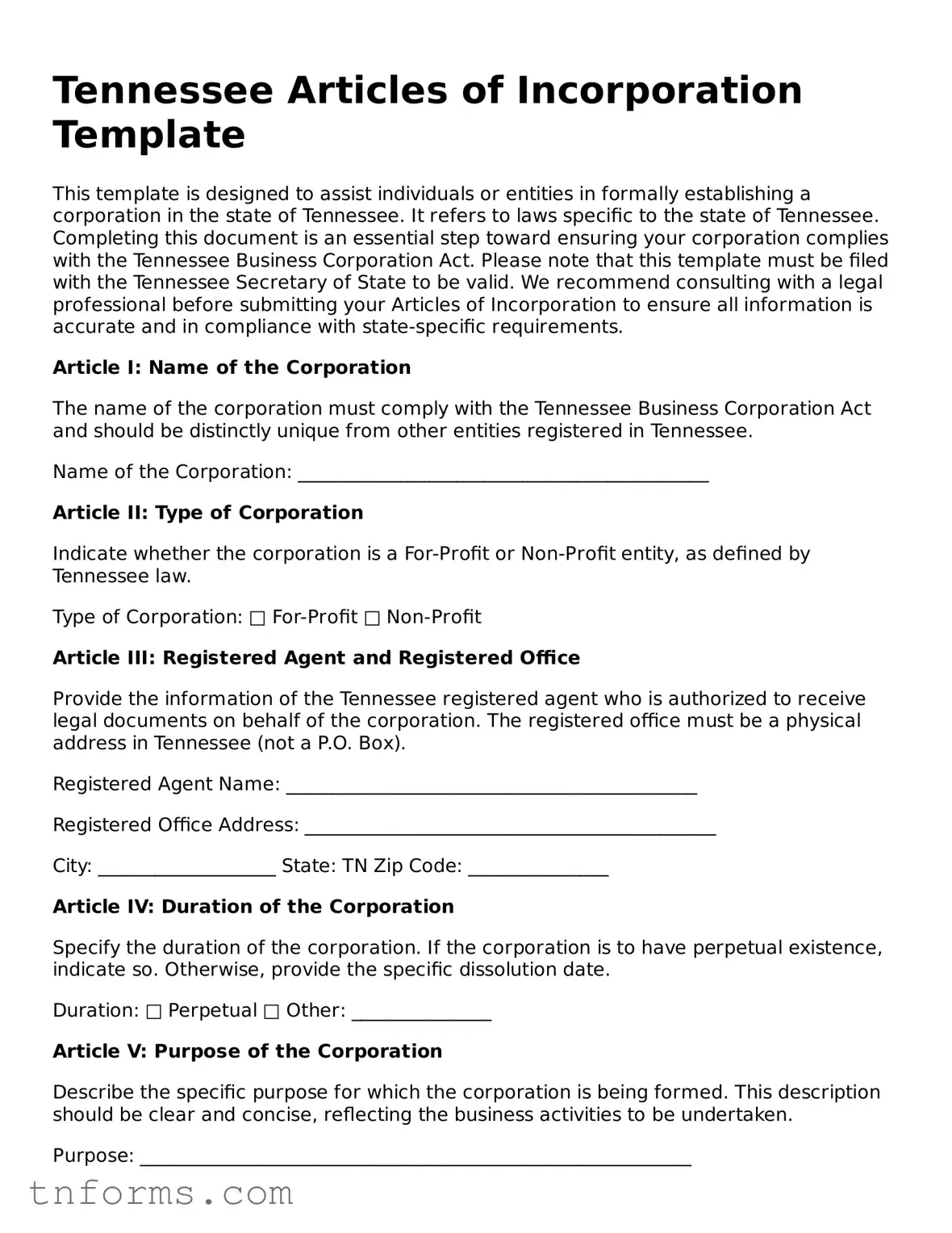 Articles of Incorporation Template for Tennessee State