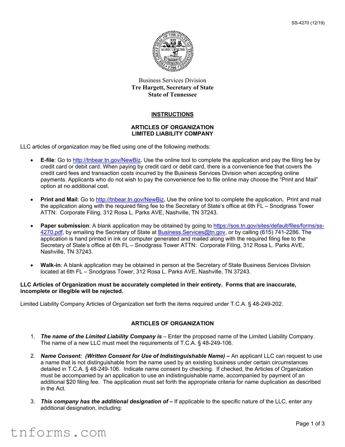 Fill Out a Valid Tennessee Articles Organization Form