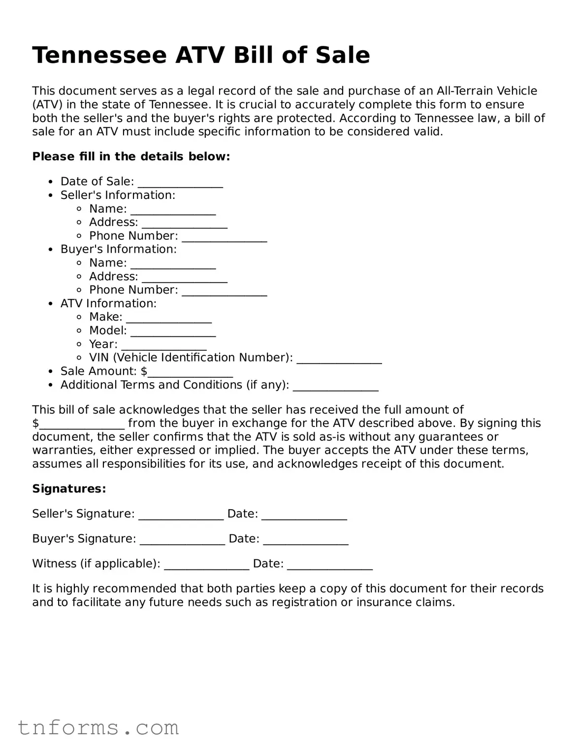 ATV Bill of Sale Template for Tennessee State