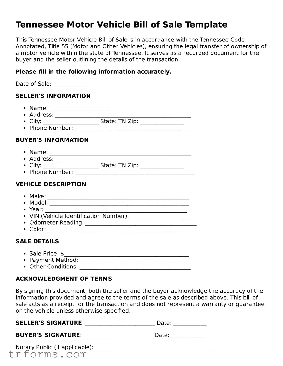 Motor Vehicle Bill of Sale Template for Tennessee State