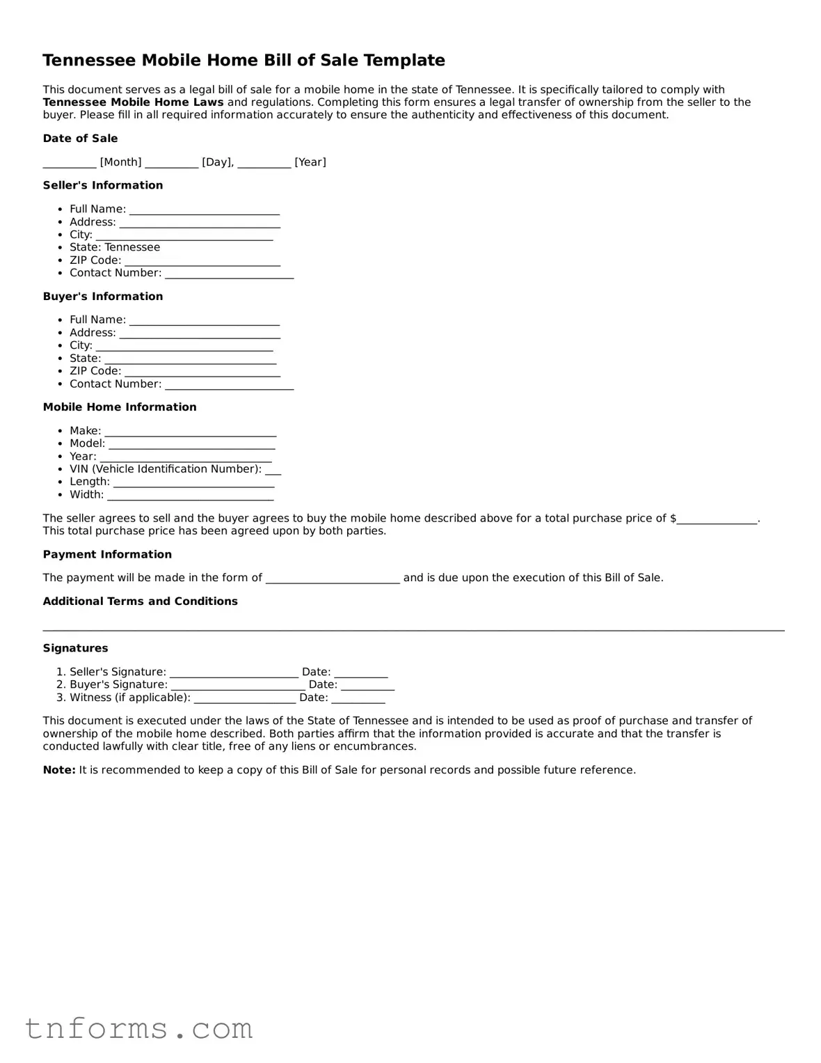 Mobile Home Bill of Sale Template for Tennessee State