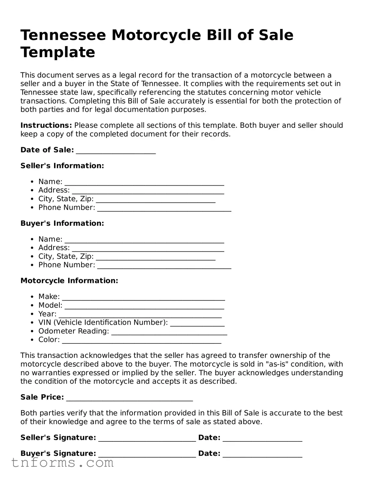 Motorcycle Bill of Sale Template for Tennessee State