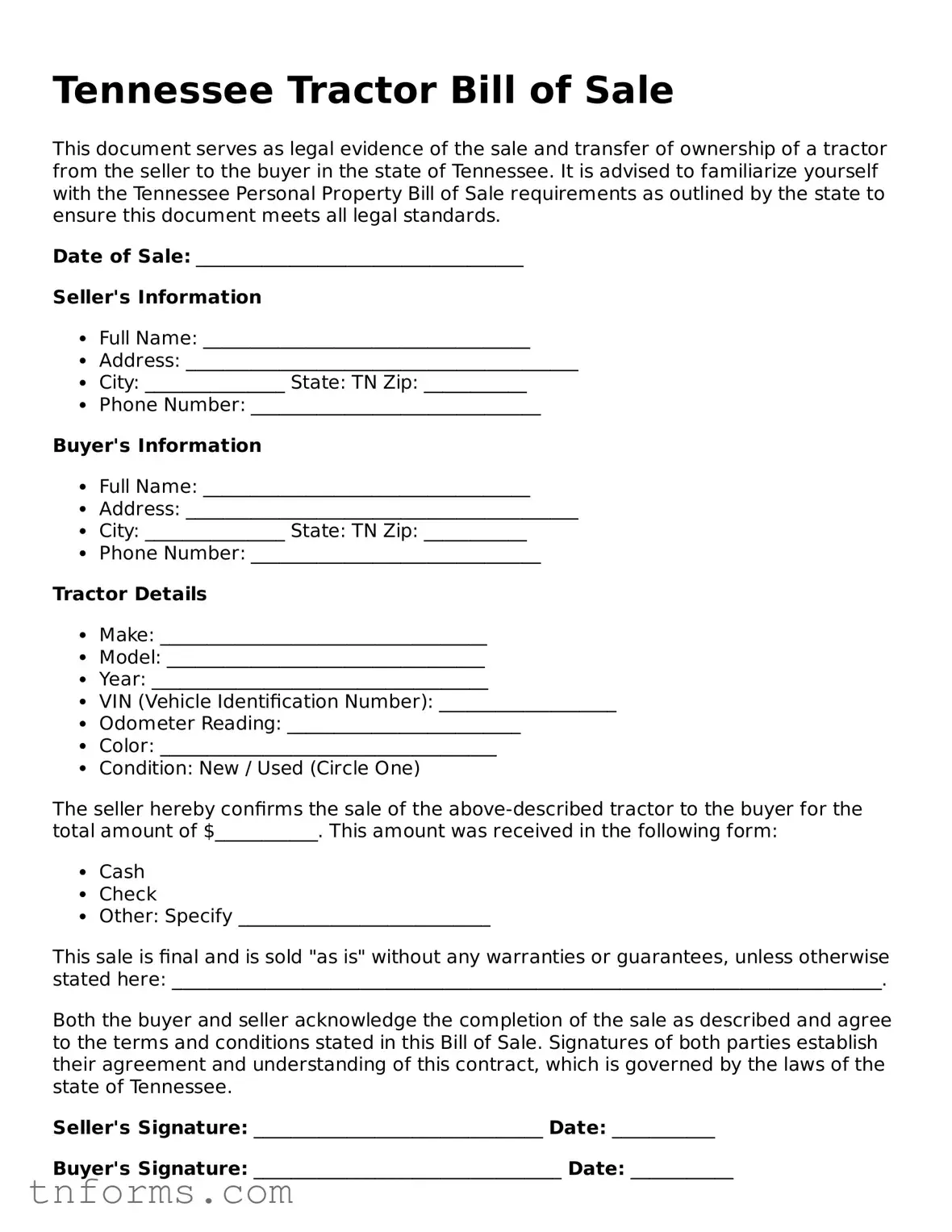 Tractor Bill of Sale Template for Tennessee State