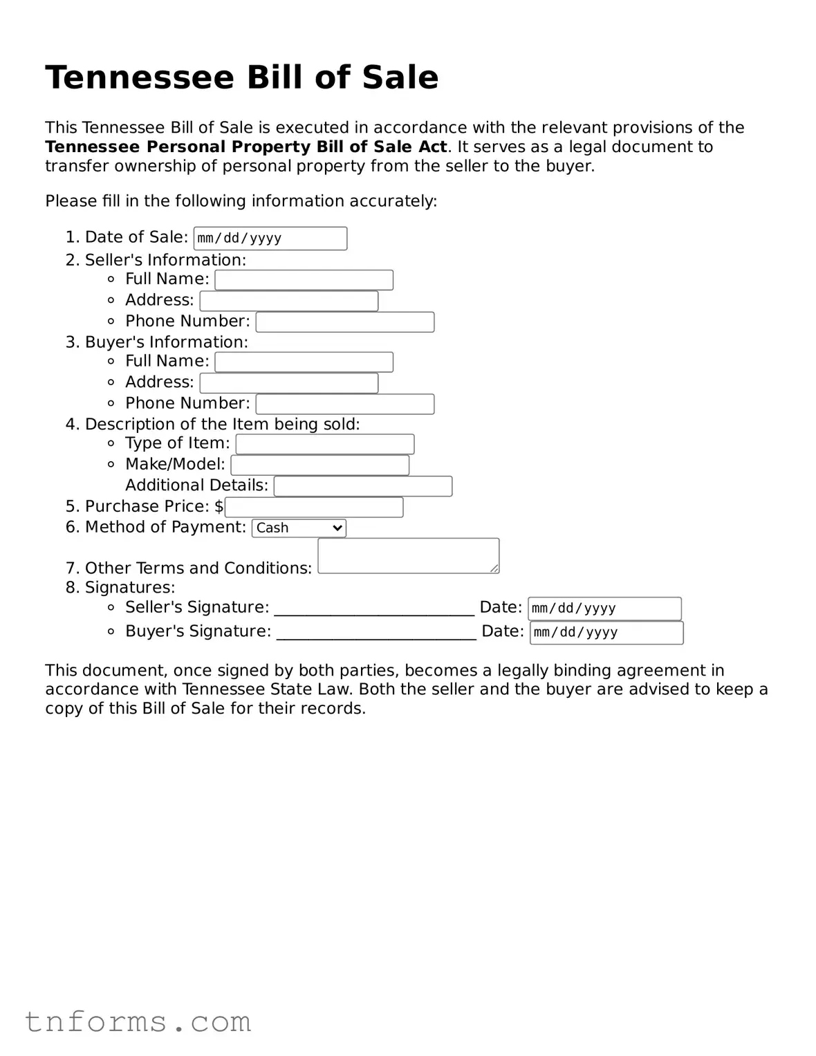 Bill of Sale Template for Tennessee State