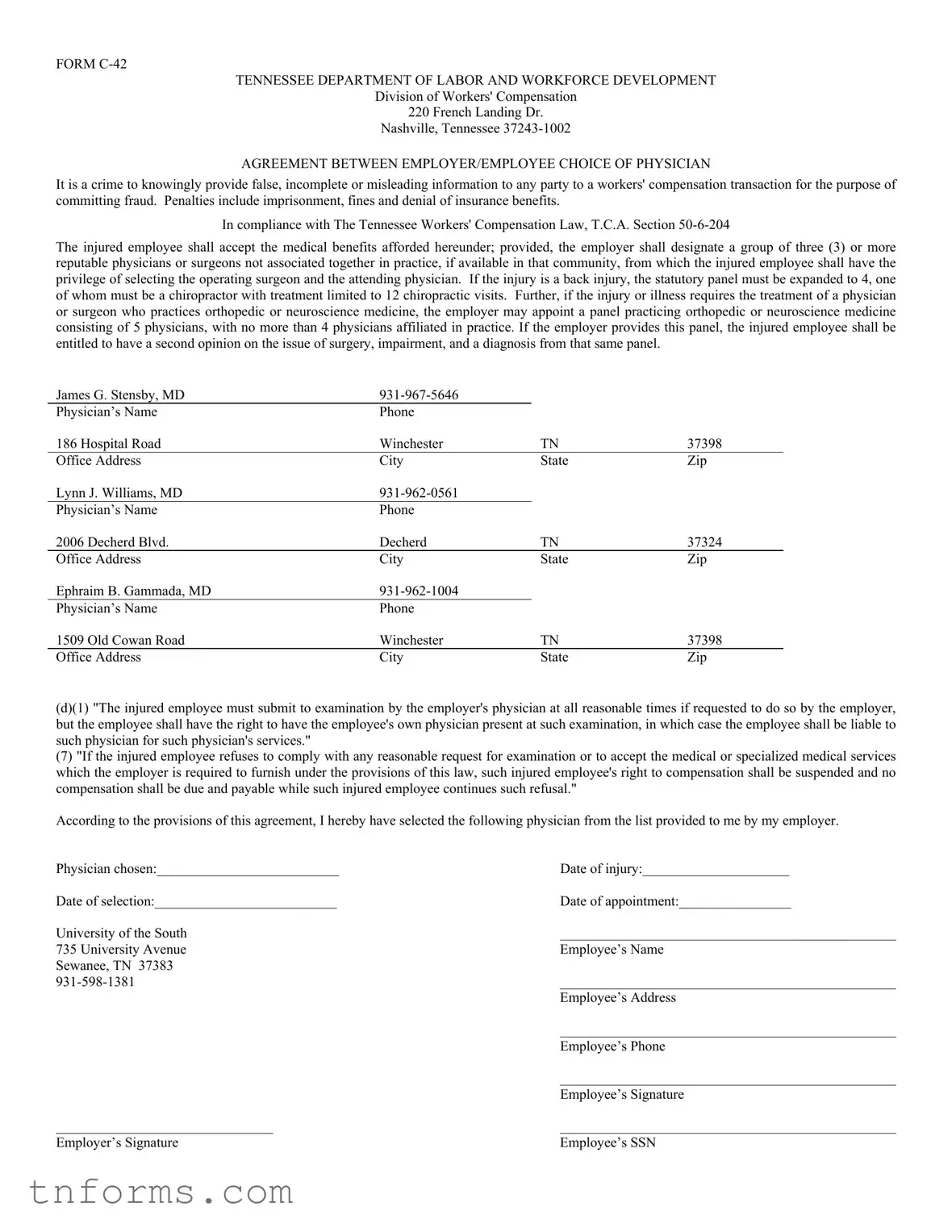 Fill Out a Valid Tennessee C 42 Form