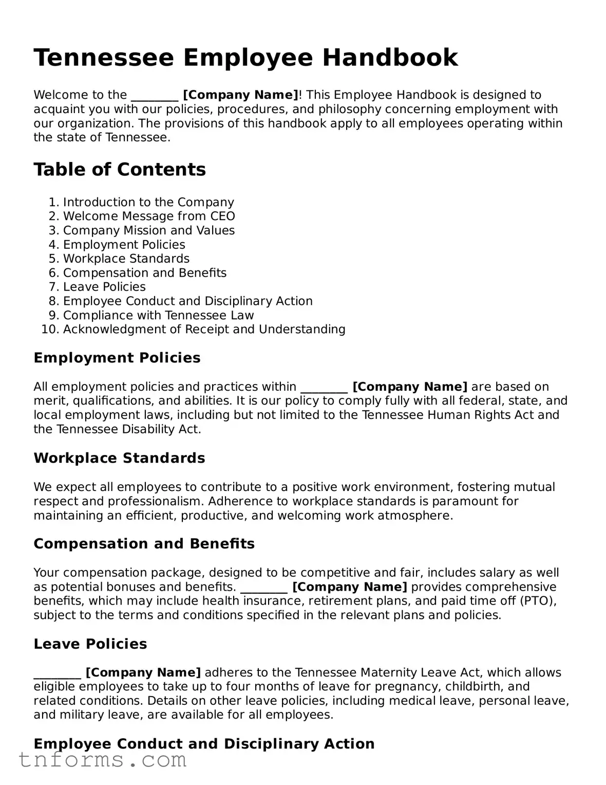 Employee Handbook Template for Tennessee State
