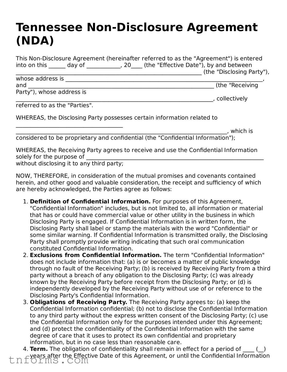 Non-disclosure Agreement Template for Tennessee State