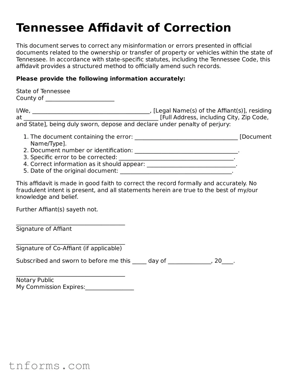 Affidavit of Correction Template for Tennessee State
