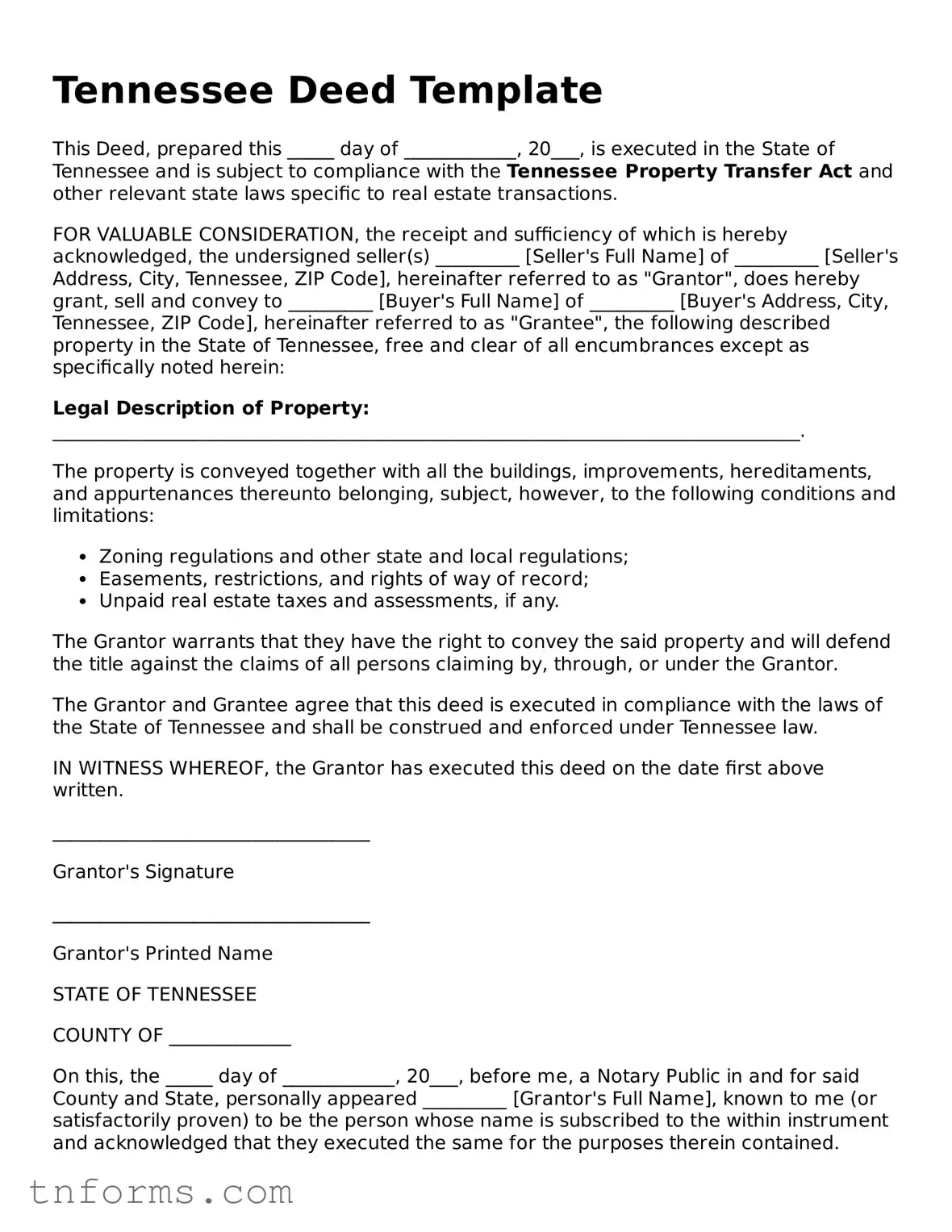 Deed Template for Tennessee State