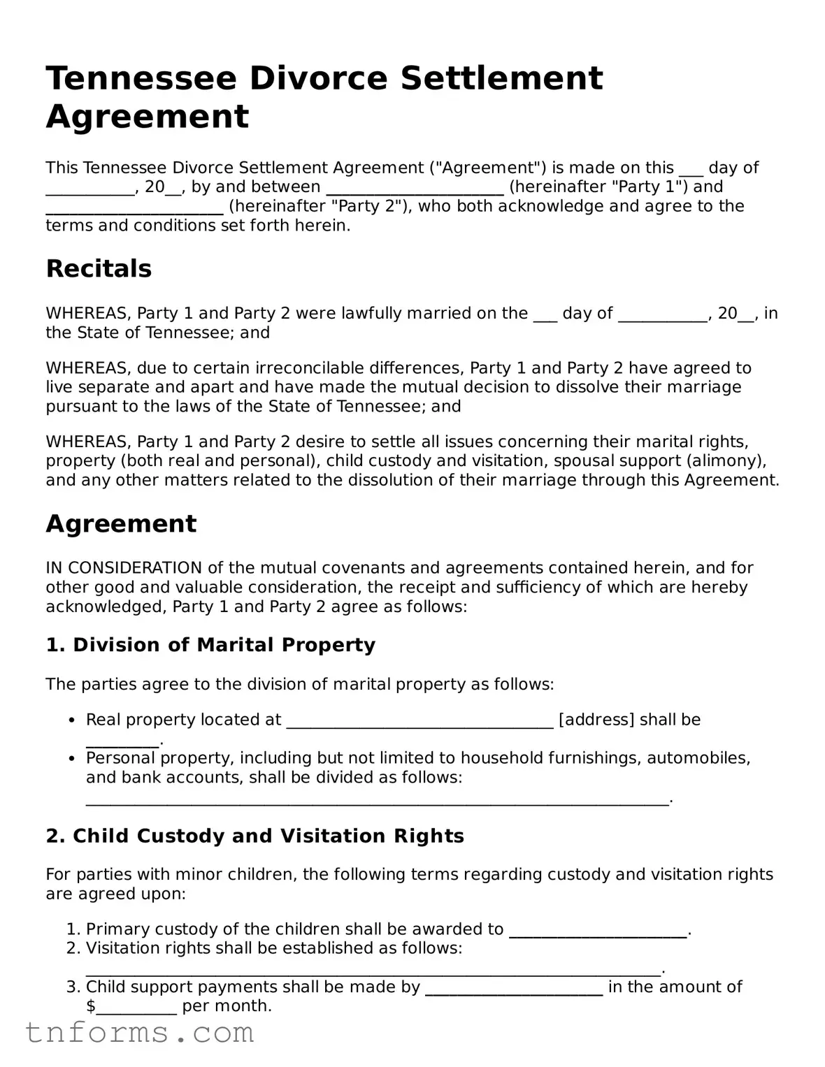 Divorce Settlement Agreement Template for Tennessee State