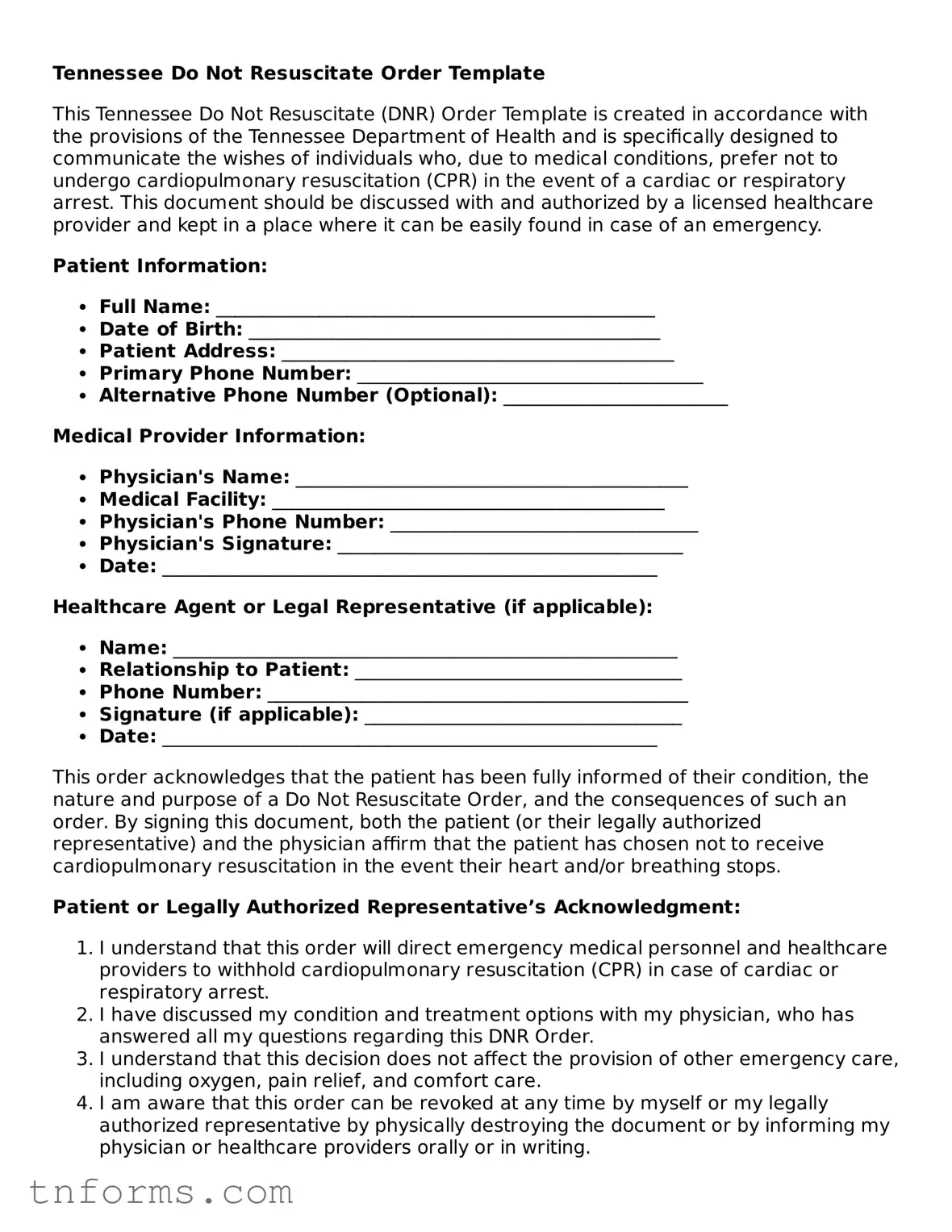 Do Not Resuscitate Order Template for Tennessee State