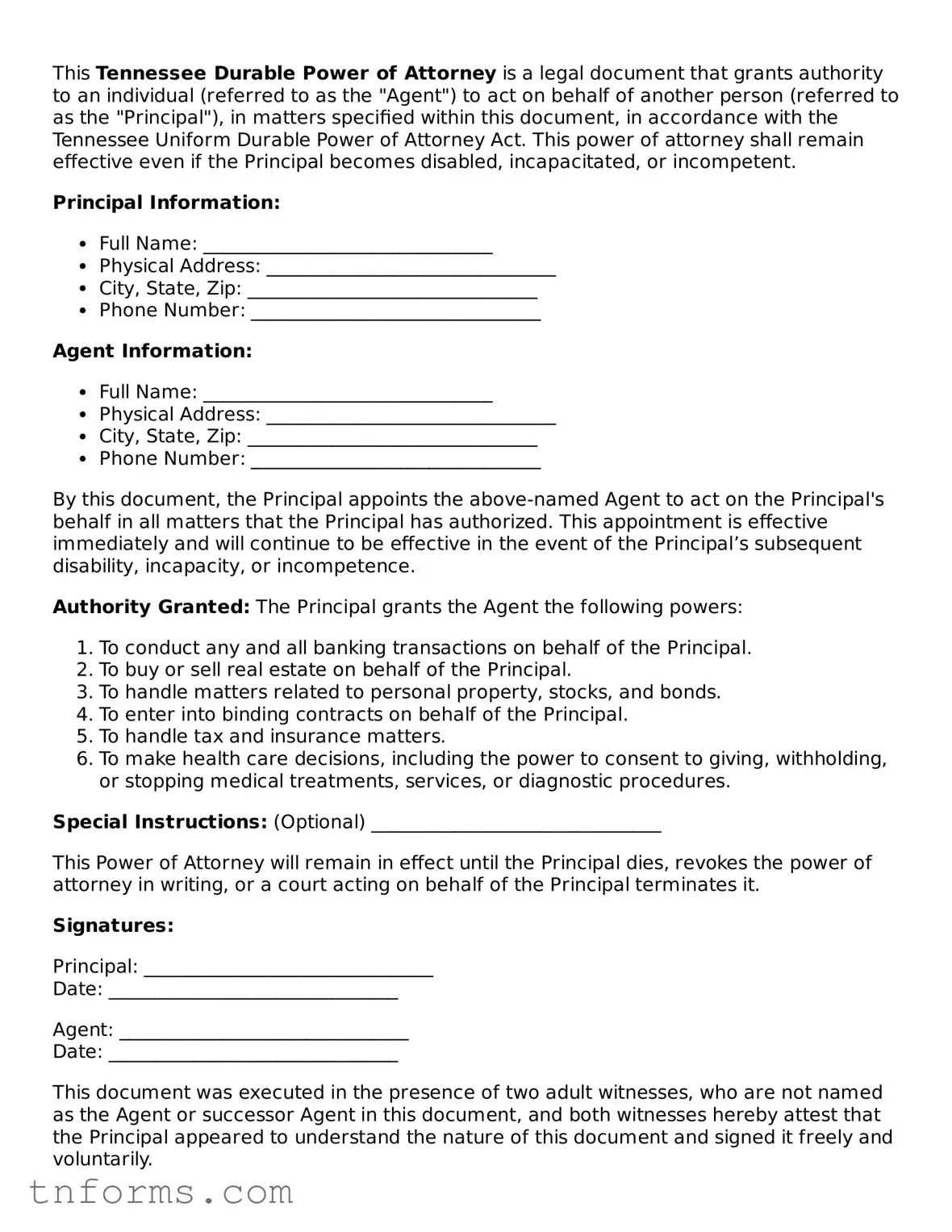 Durable Power of Attorney Template for Tennessee State