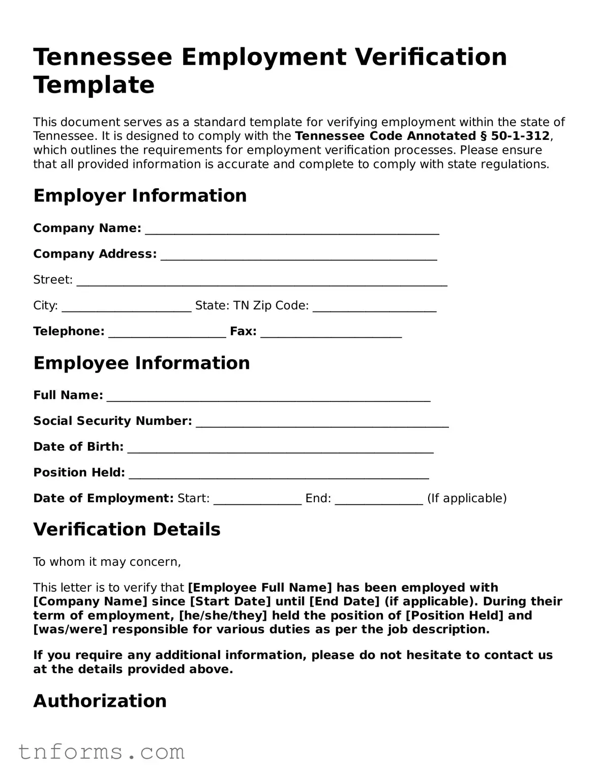 Employment Verification Template for Tennessee State