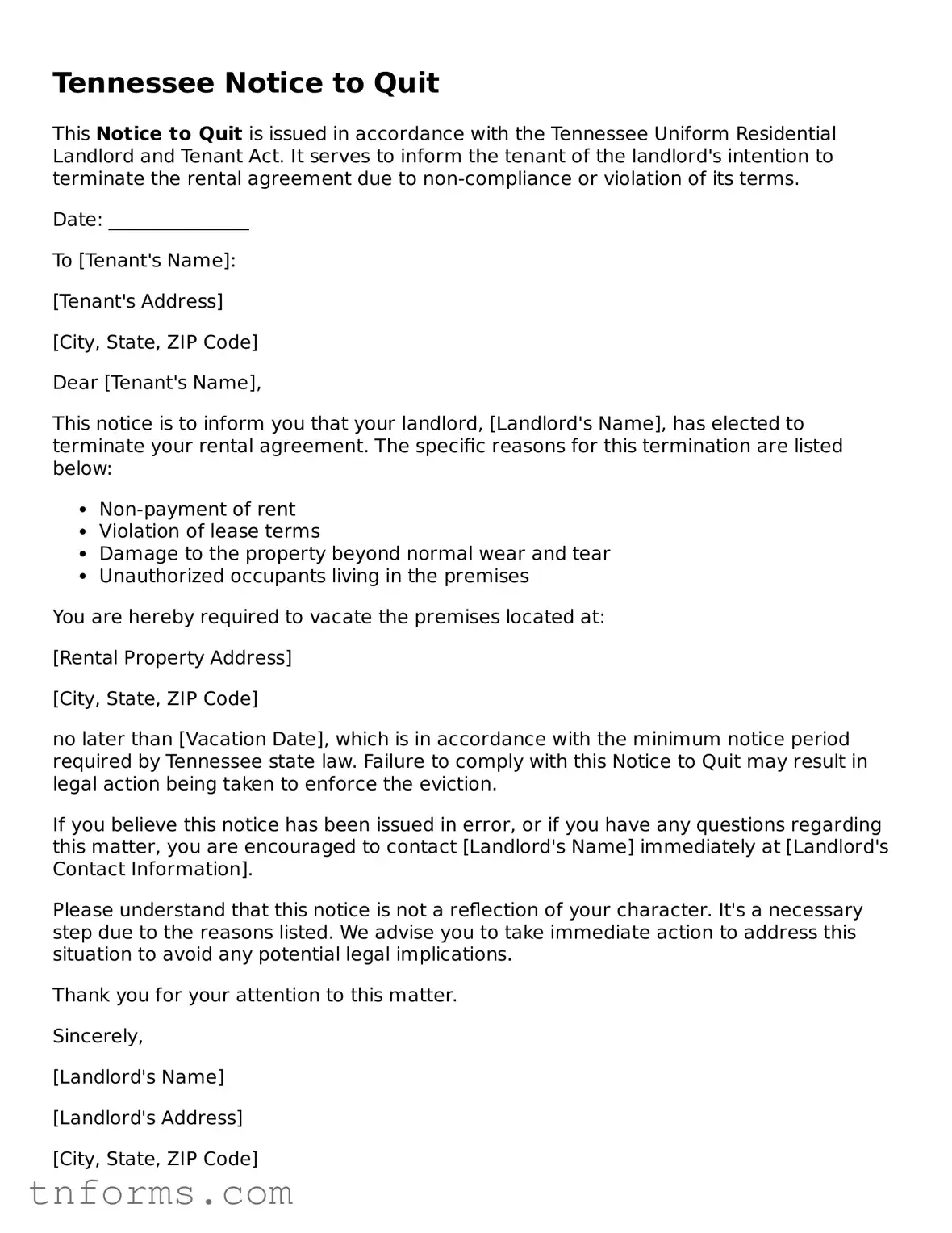 Notice to Quit Template for Tennessee State