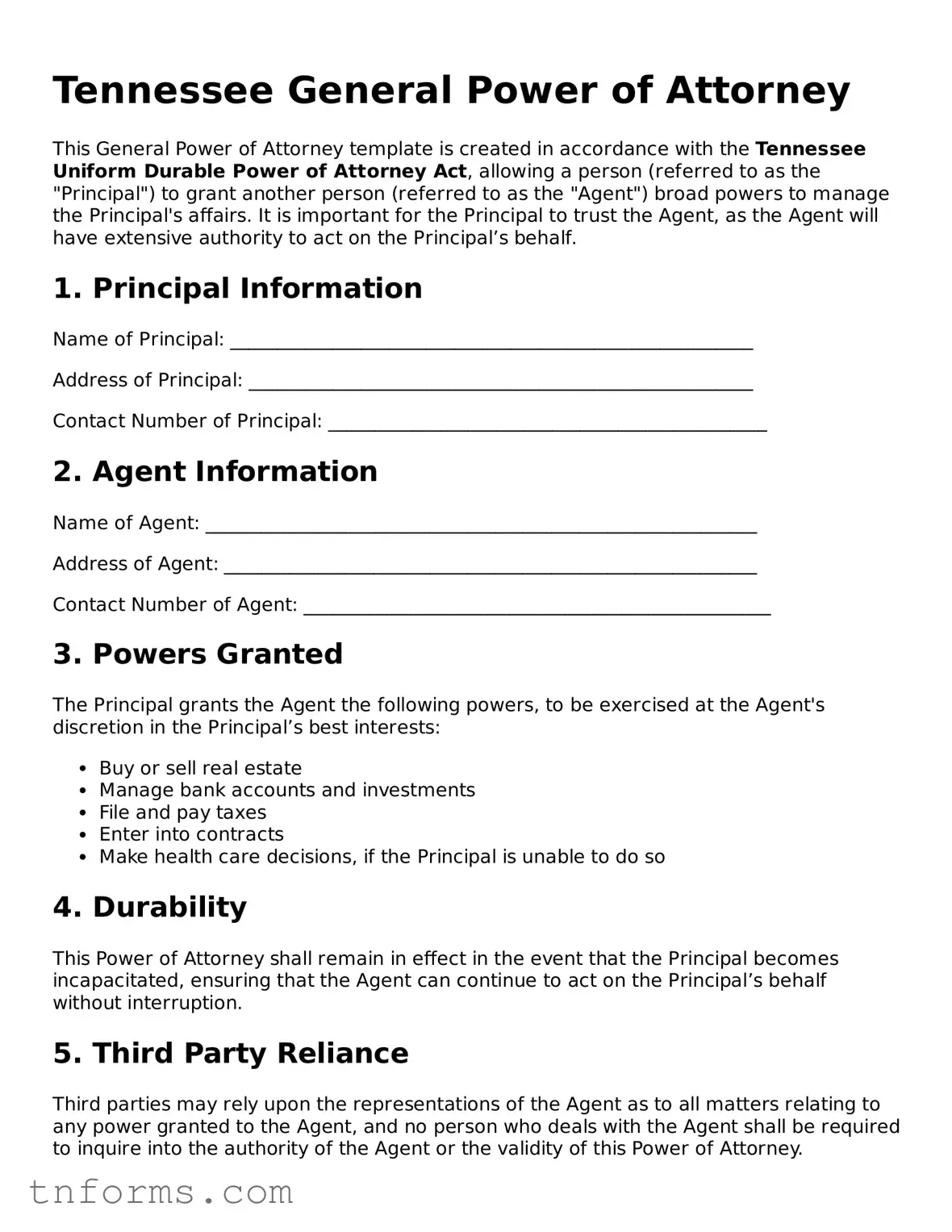 General Power of Attorney Template for Tennessee State