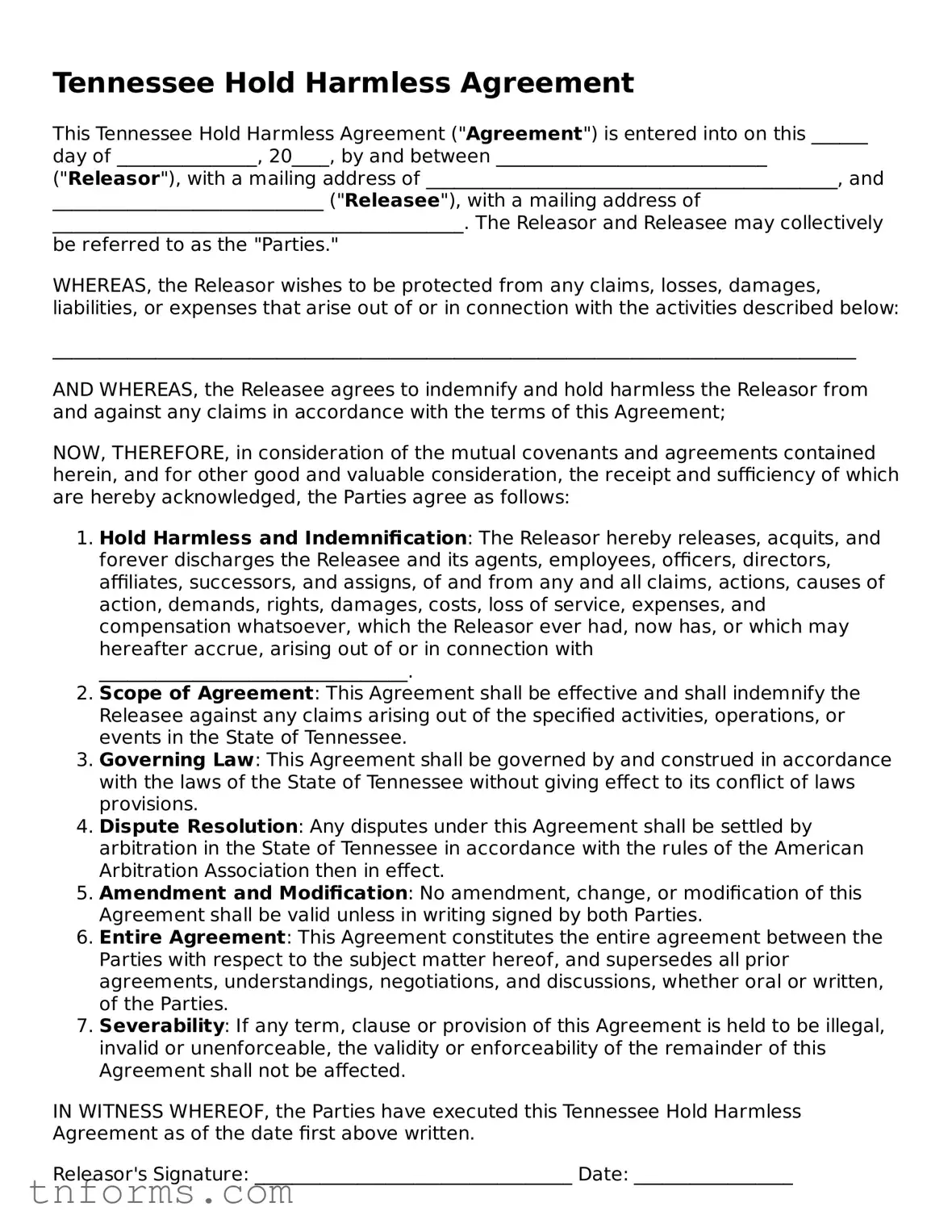 Hold Harmless Agreement Template for Tennessee State