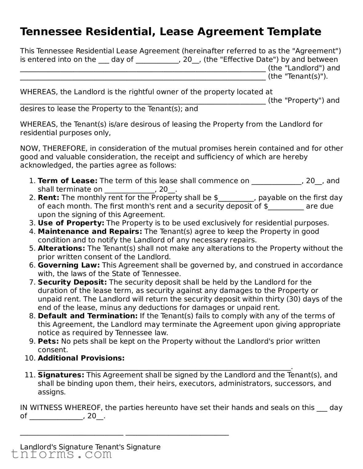 Residential Lease Agreement Template for Tennessee State