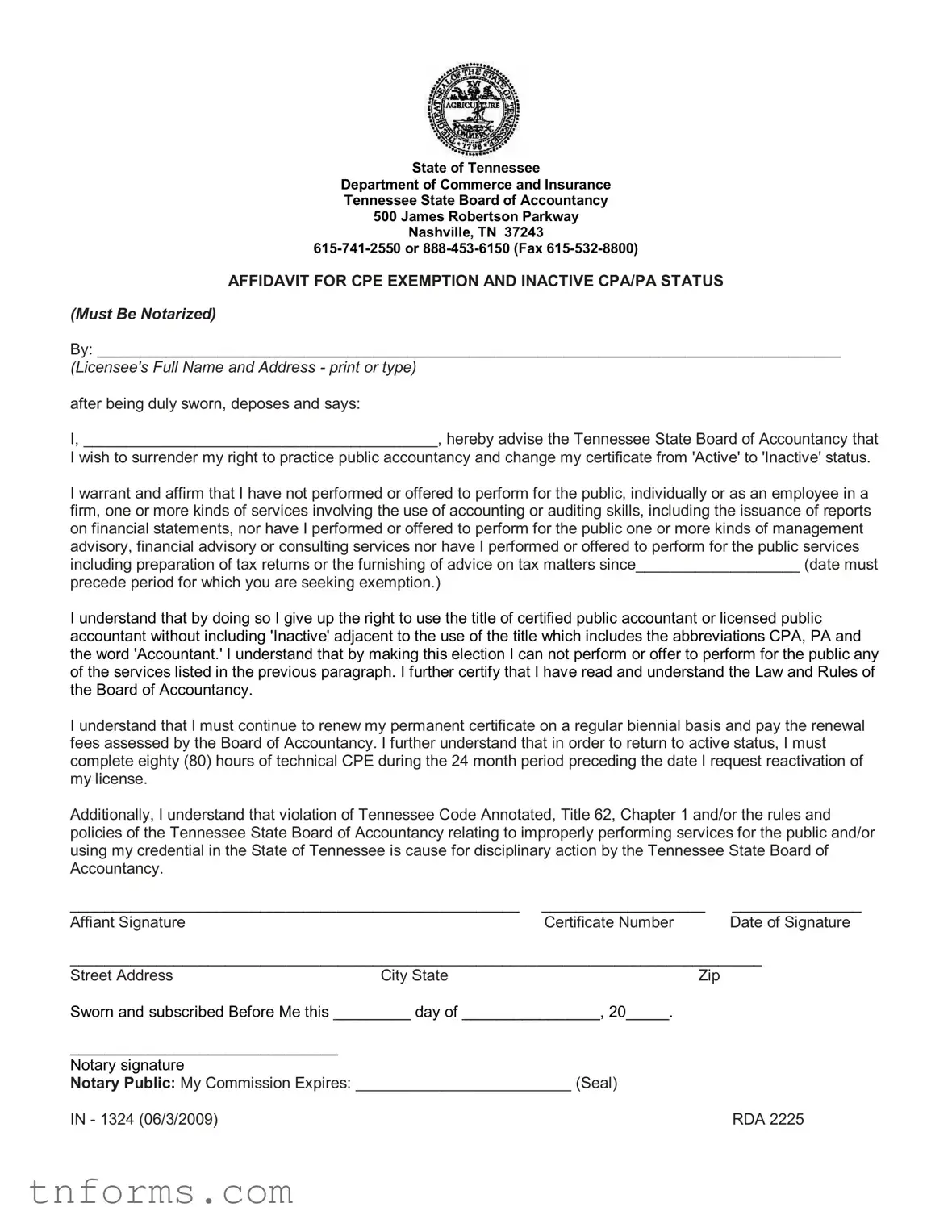 Fill Out a Valid Tennessee In 1324 Form