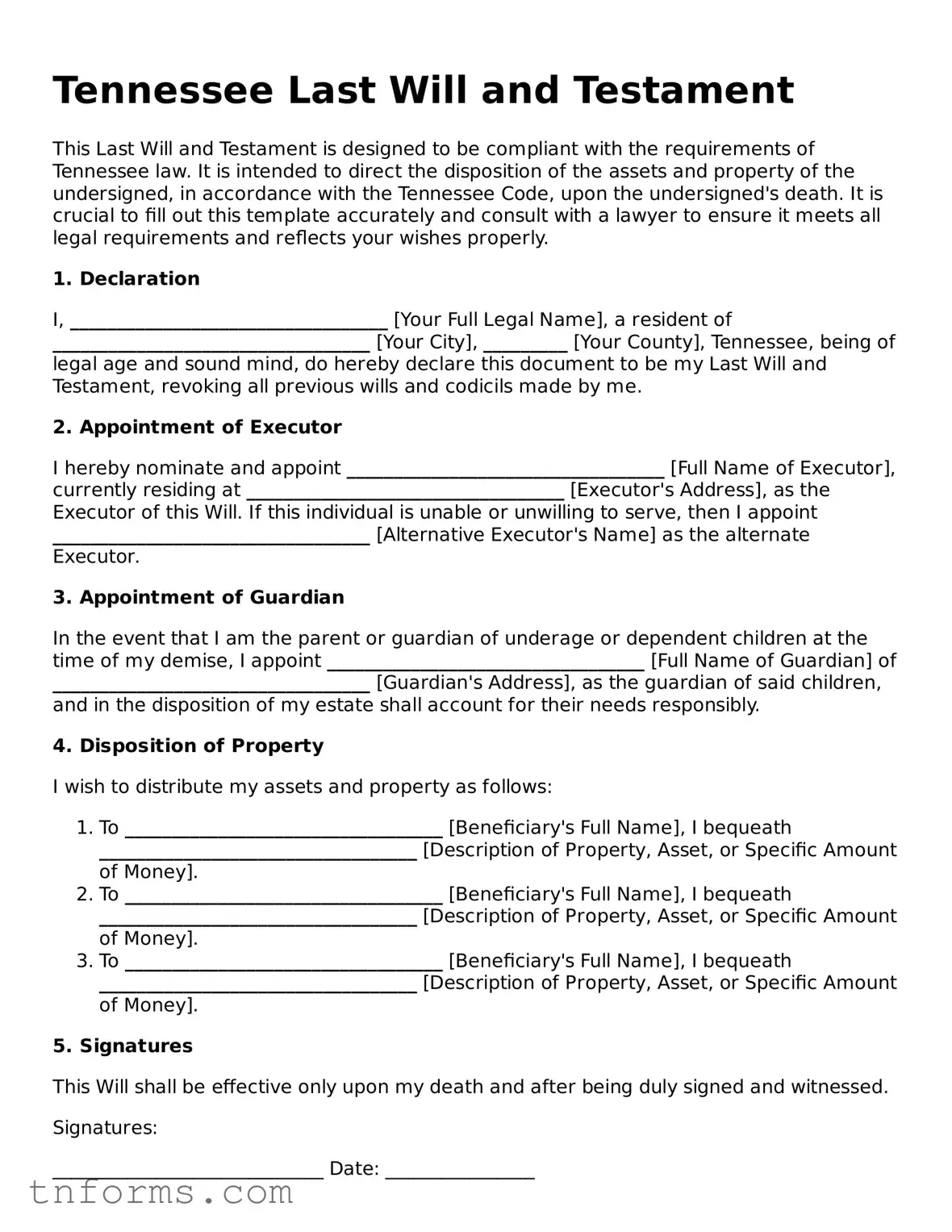 Last Will and Testament Template for Tennessee State