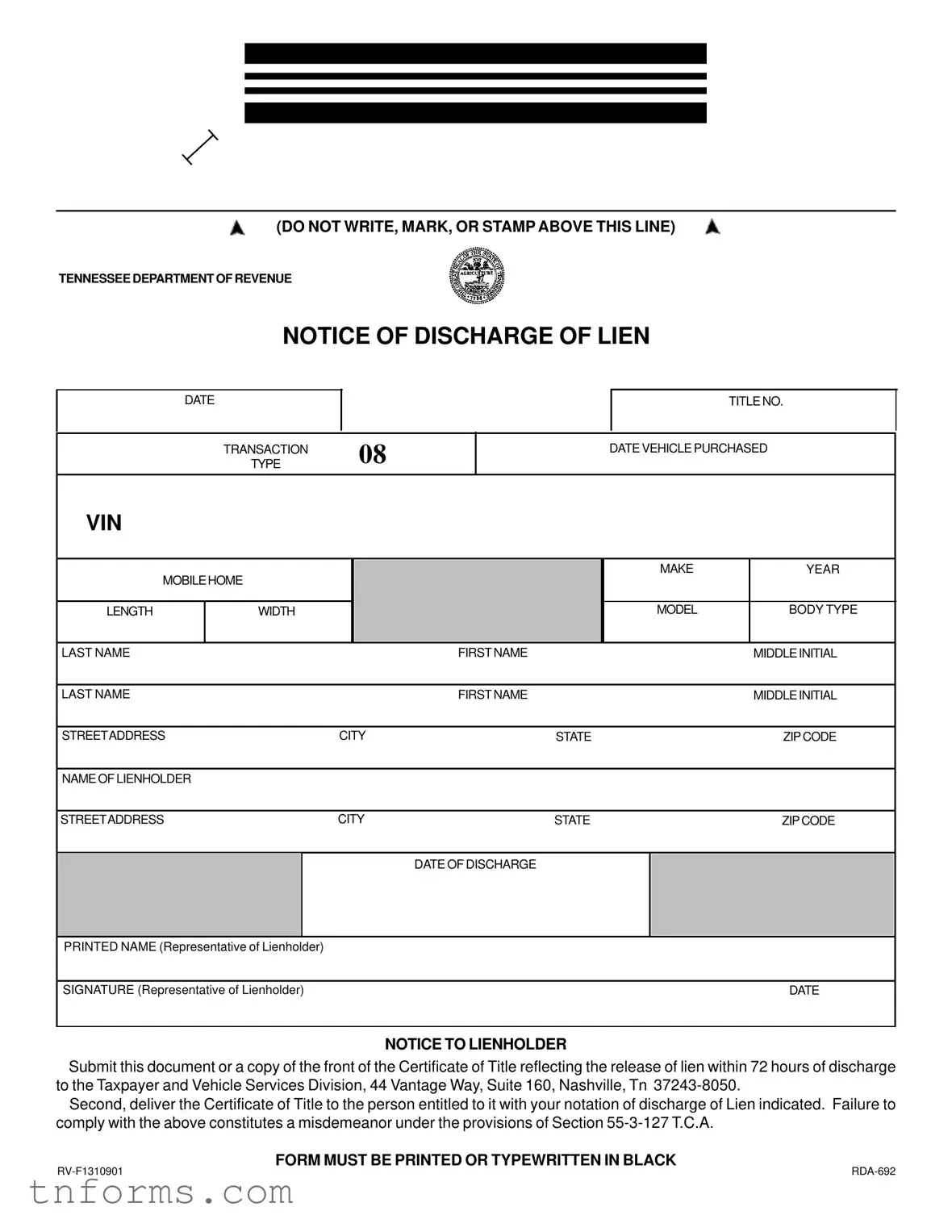 Fill Out a Valid Tennessee Lien Discharge Form