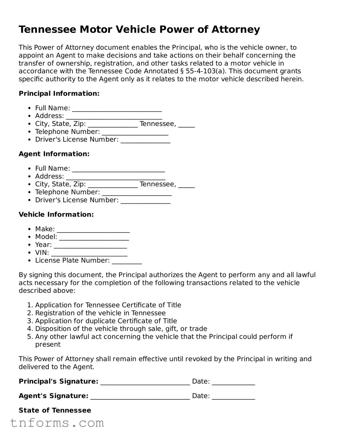 Motor Vehicle Power of Attorney Template for Tennessee State