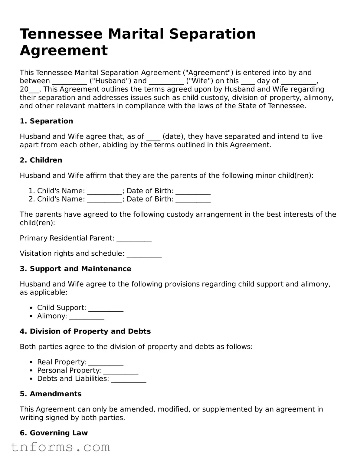Marital Separation Agreement Template for Tennessee State