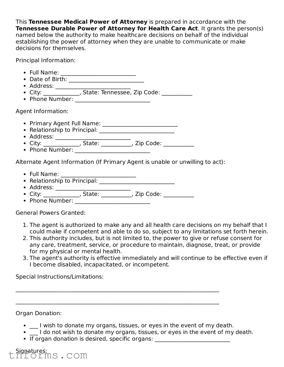 Medical Power of Attorney Template for Tennessee State