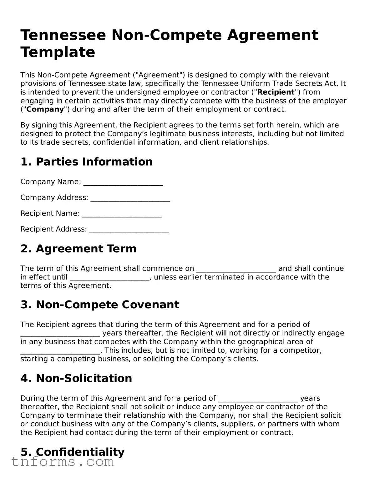 Non-compete Agreement Template for Tennessee State