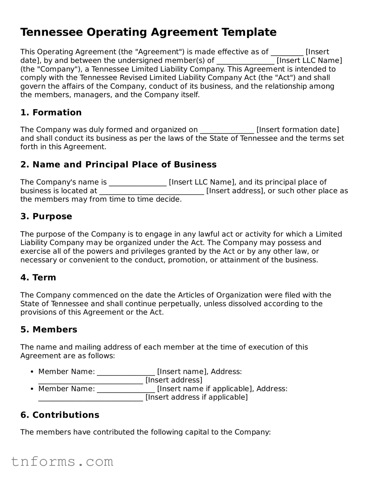 Operating Agreement Template for Tennessee State