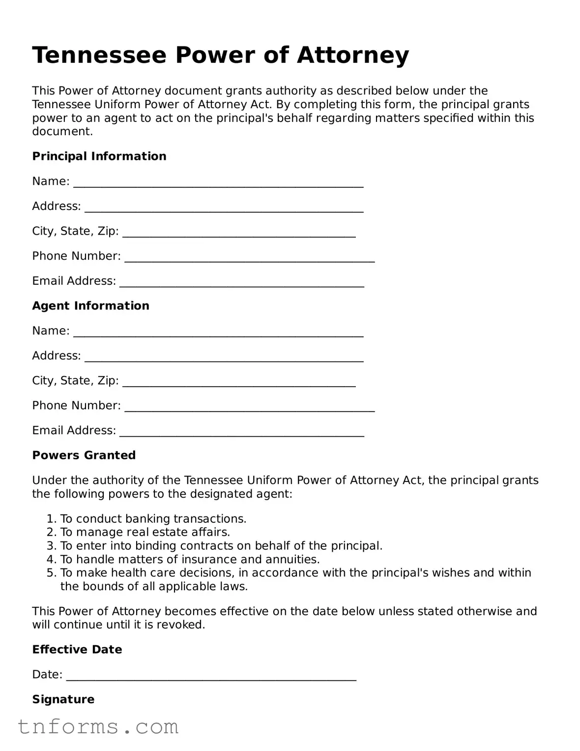 Power of Attorney Template for Tennessee State