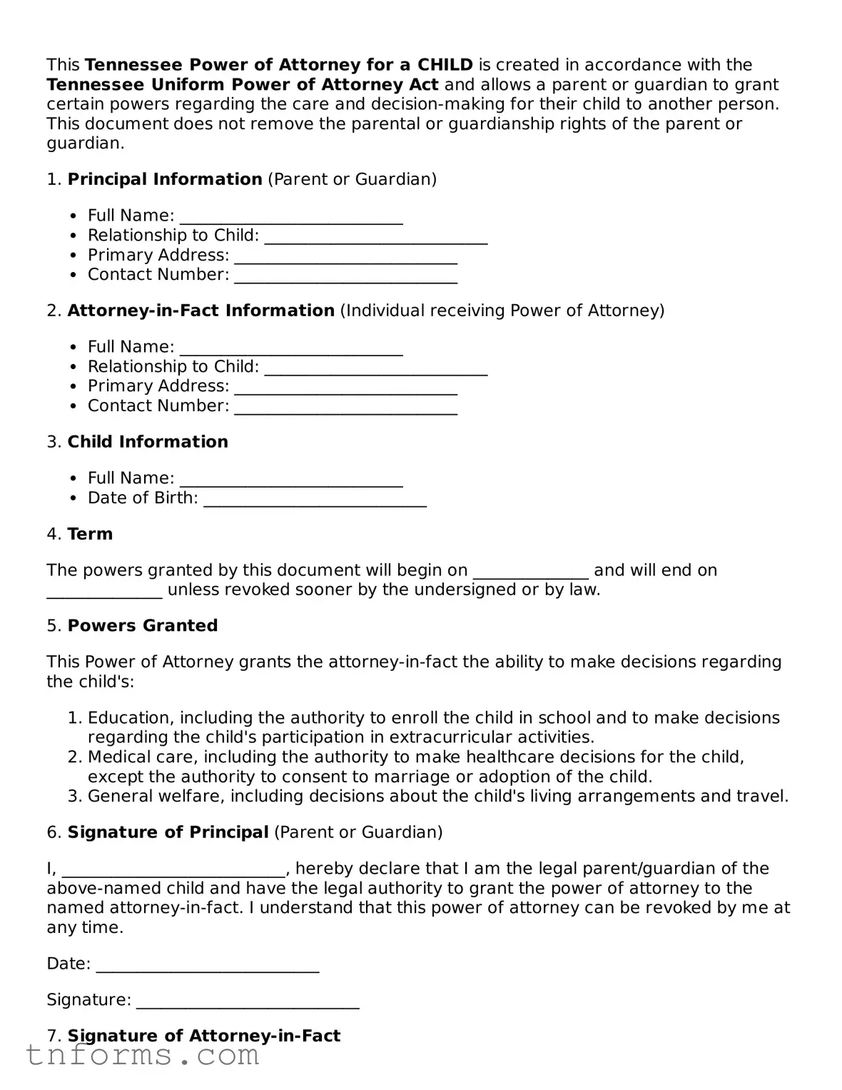 Power of Attorney for a Child Template for Tennessee State