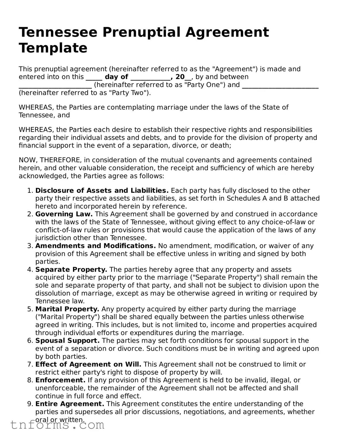 Prenuptial Agreement Template for Tennessee State