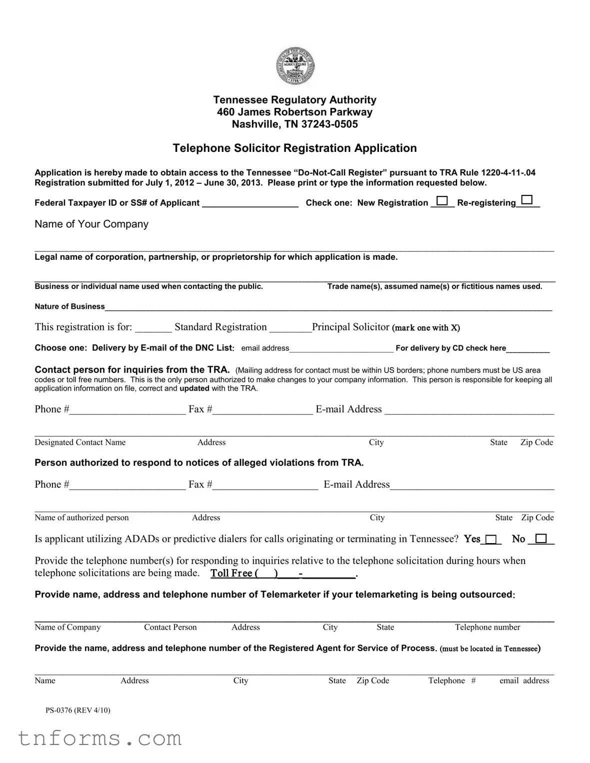 Fill Out a Valid Tennessee Ps 0376 Form