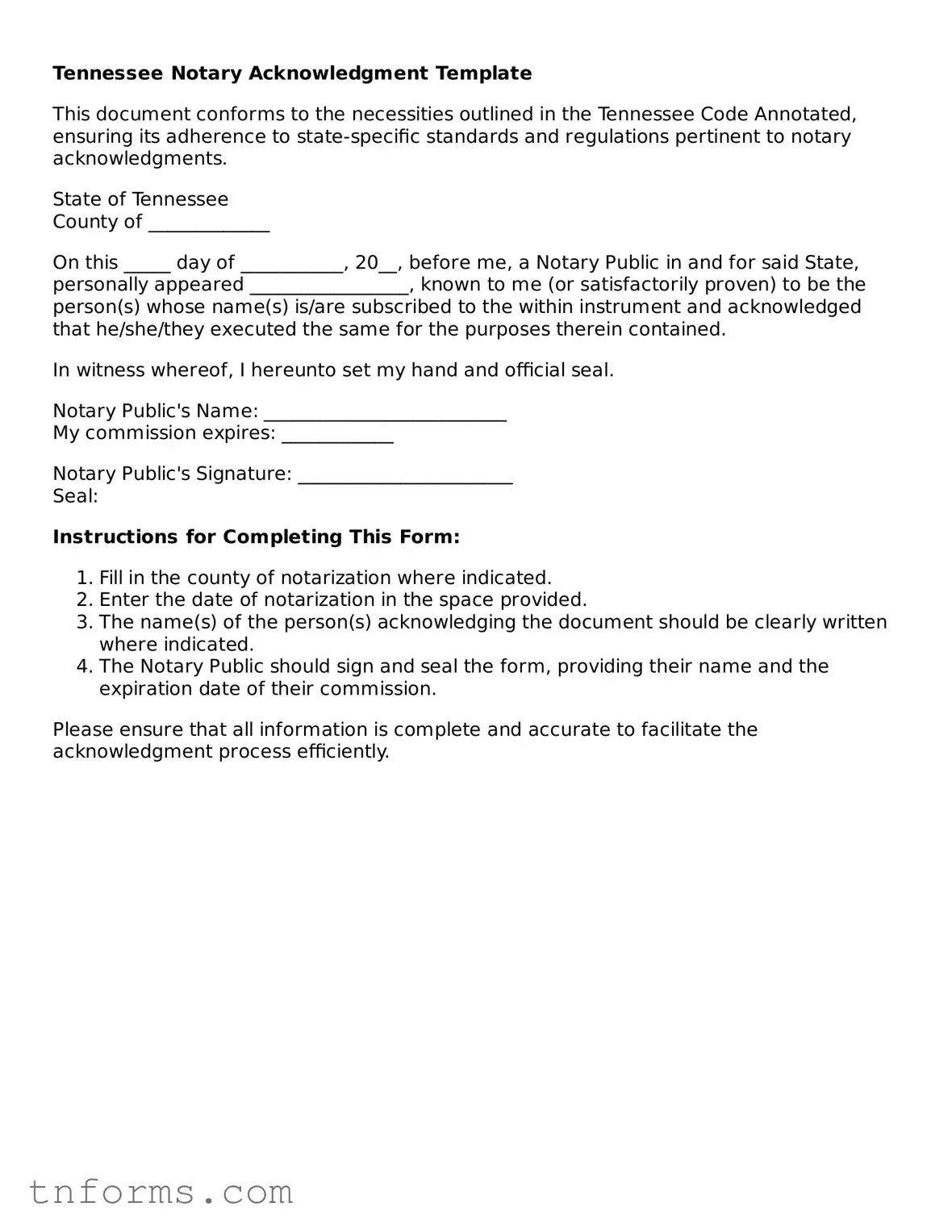 Notary Acknowledgement Template for Tennessee State