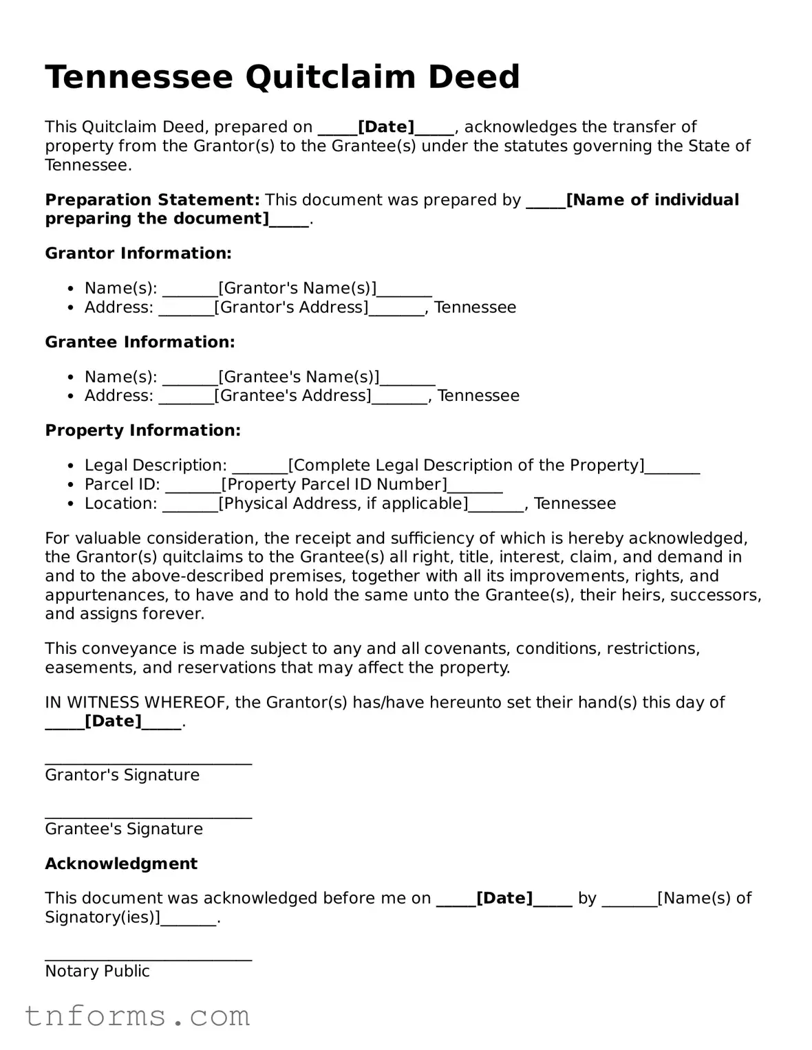 Quitclaim Deed Template for Tennessee State