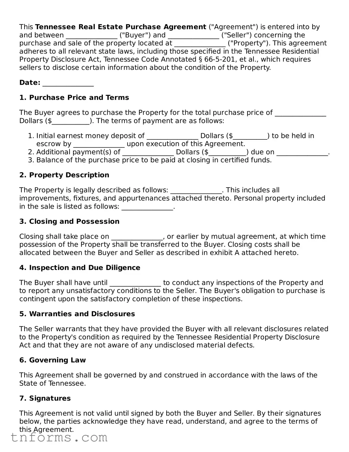 Real Estate Purchase Agreement Template for Tennessee State